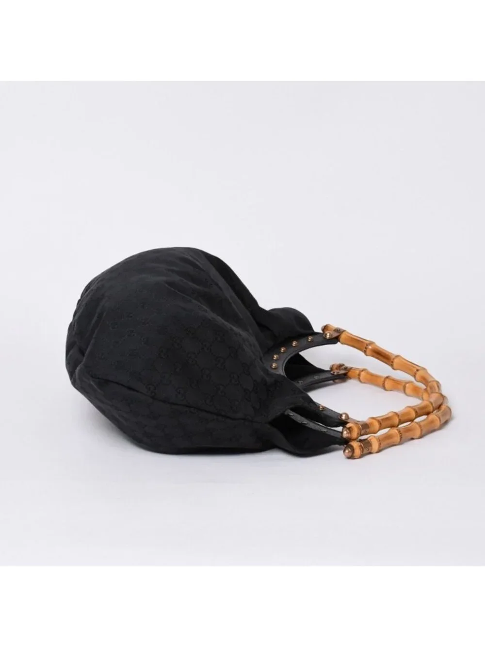 Gucci Bamboo Hand Bag Leather GG Canvas Black Brown